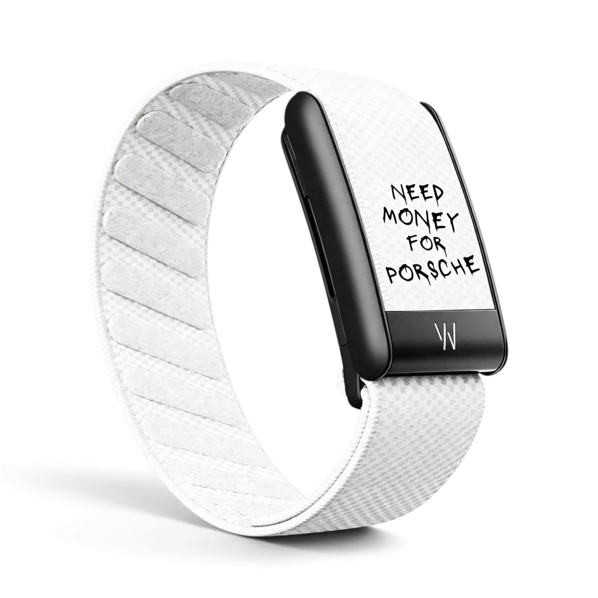 Azura 11 fitness tracker with a white textured fabric band and a black digital display showing custom text