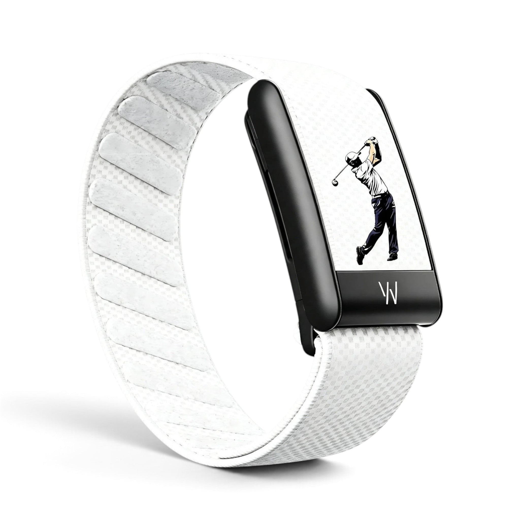 Azura 5 fitness tracker with a white textured band and black display showing a golfer graphic on a white background