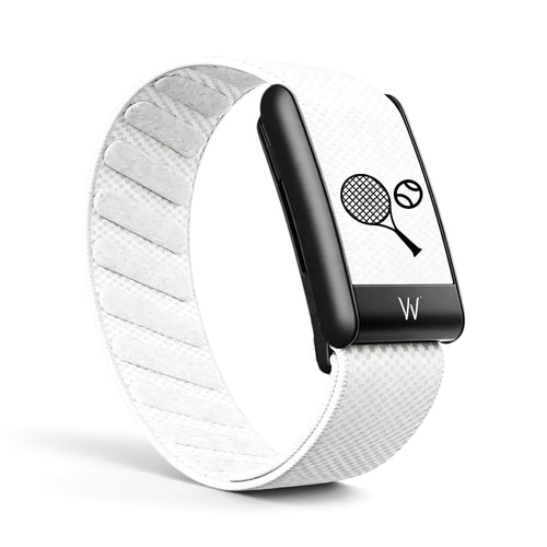 Azura 7 fitness tracker with a white textured band and a black display showing a tennis racket and ball icon