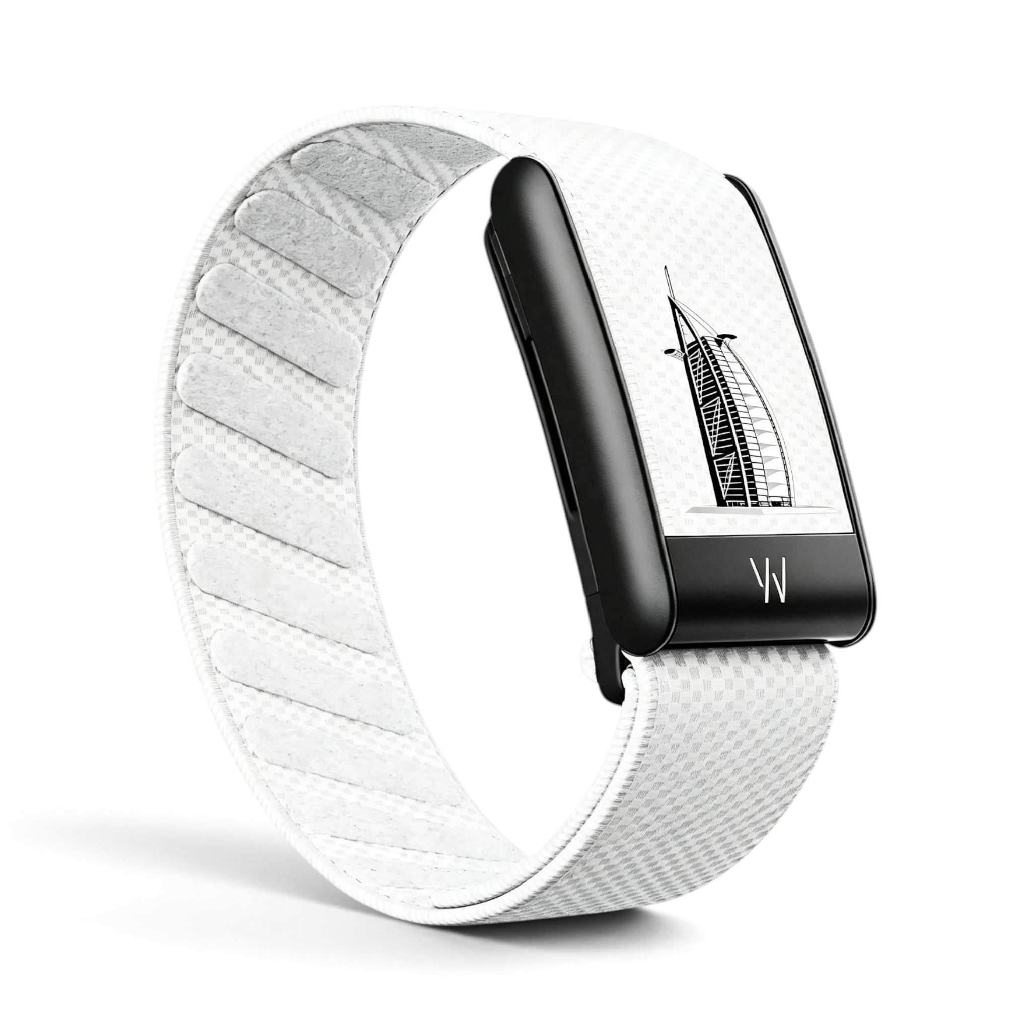 Azura 8 smart wearable device with a white textured fabric band and a black digital display showing a building icon