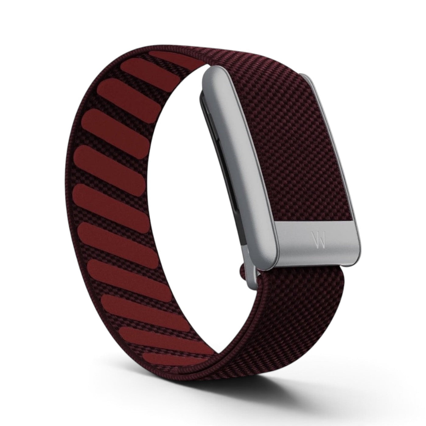 Azura Black Wine fitness tracker with a deep burgundy woven elastic band and a sleek silver metallic clasp