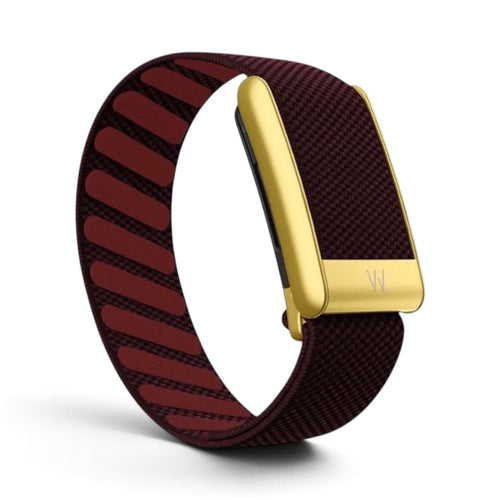 Azura Black Wine fitness tracker with a deep burgundy woven fabric band and a polished gold metal clasp