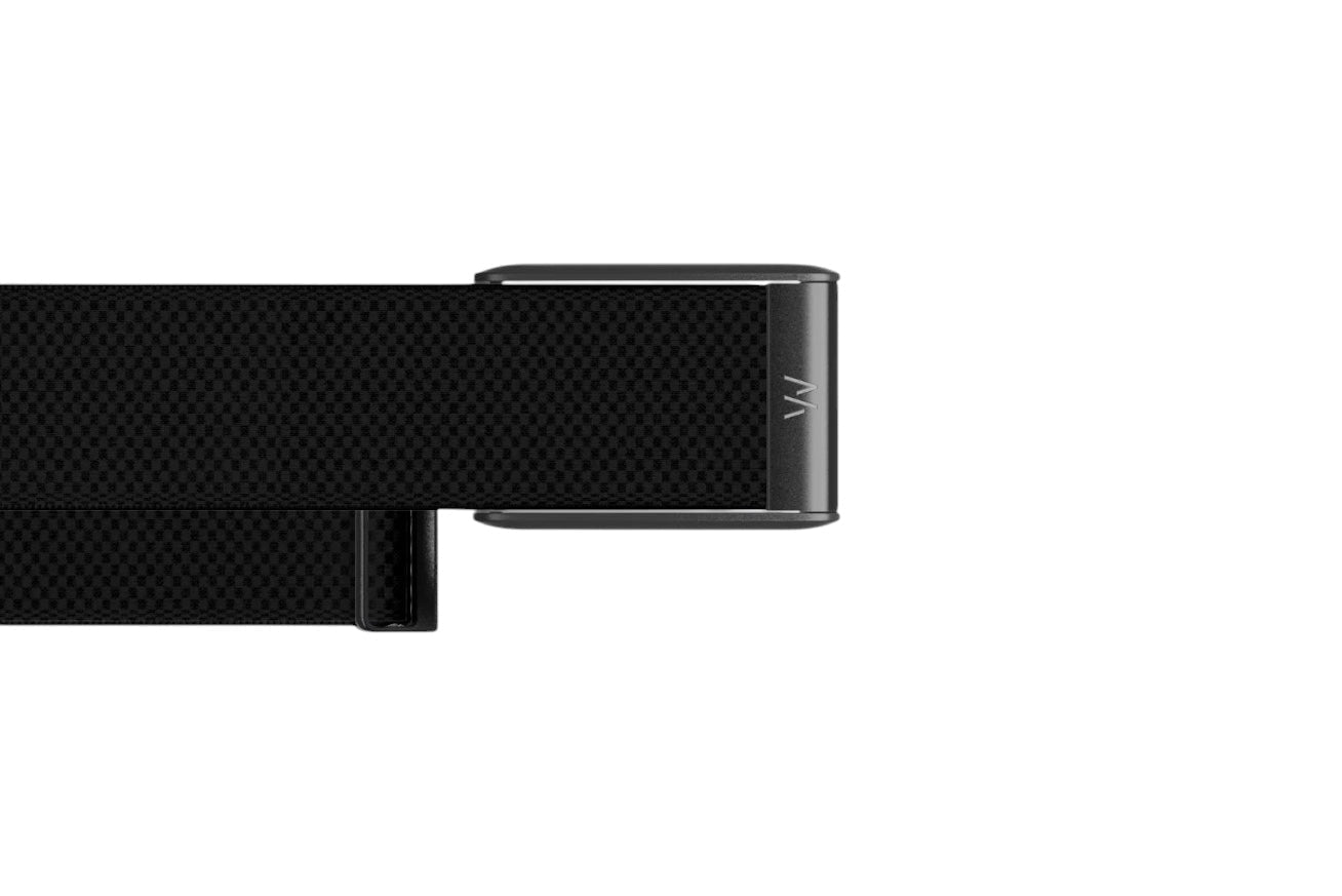Azura Clear Sky black textured belt with a sleek metal buckle featuring a minimalist logo detail