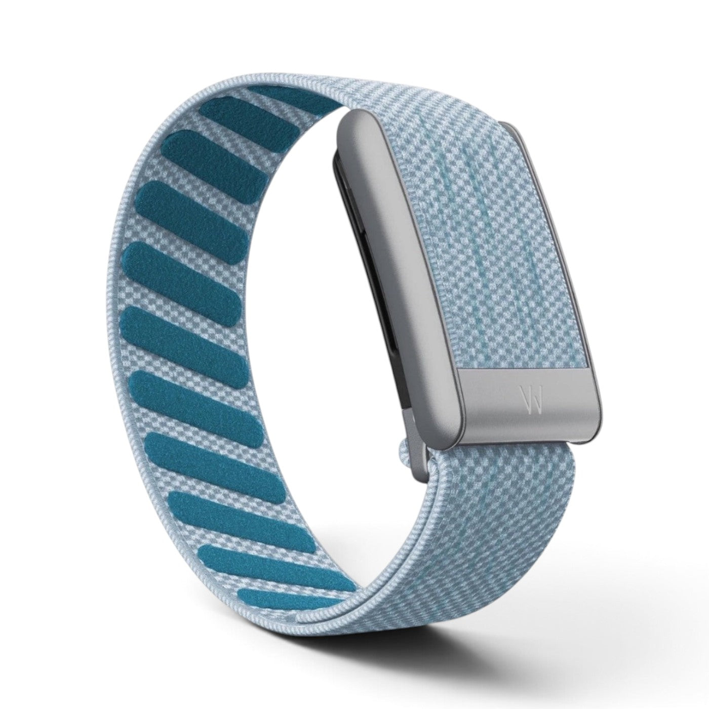 Azura Clear Sky fitness tracker with a light blue woven fabric band and silver metallic hardware