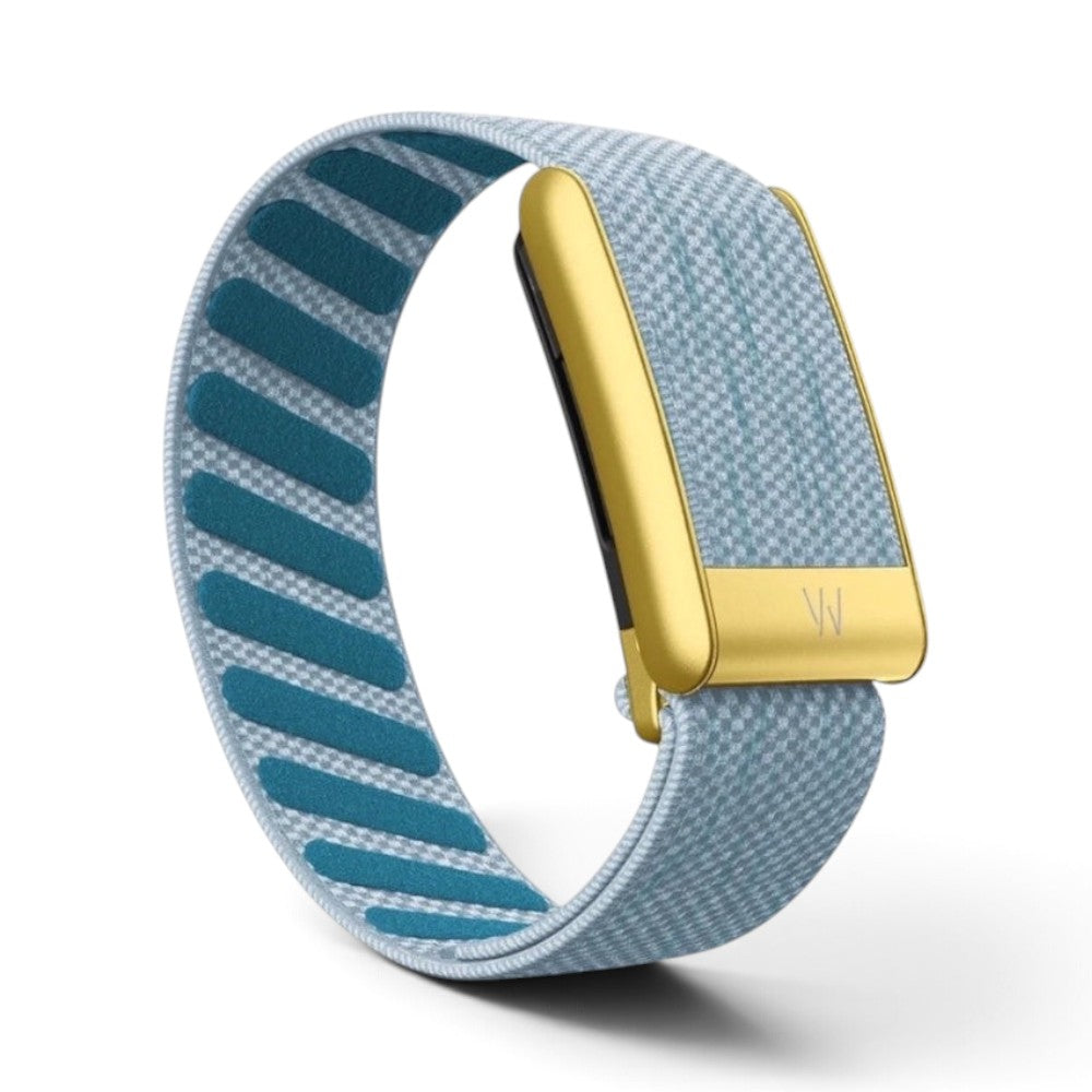 Azura Clear Sky fitness tracker with a light blue woven fabric band and polished gold metallic clasp