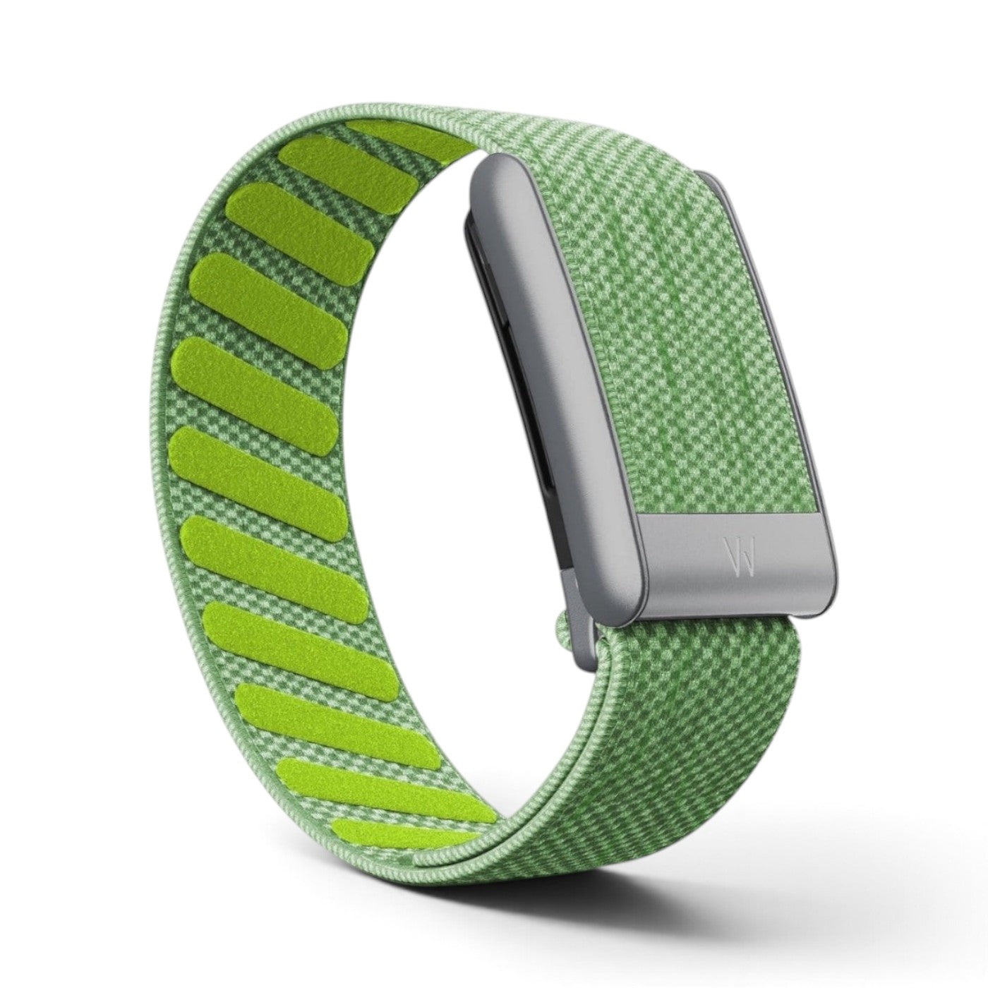 Azura Lime Green woven fabric fitness tracker band with a grey metallic clasp on a white background