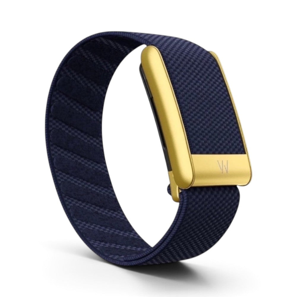 Azura Midnight Blue fitness tracker band with a textured navy fabric strap and a polished gold metal clasp