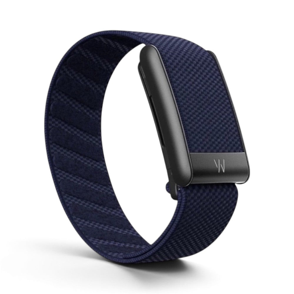 Azura Midnight Blue fitness tracker with a textured fabric strap and black hardware on a white background