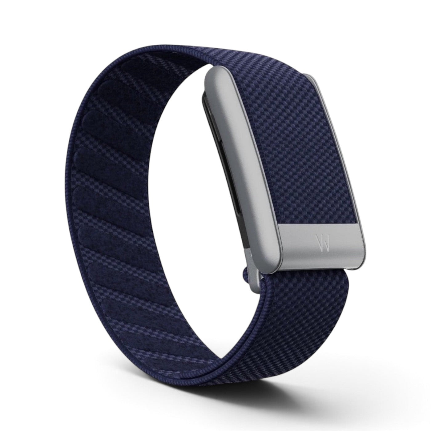 Azura Midnight Blue fitness tracker with a textured fabric band and silver metallic clasp on a white background