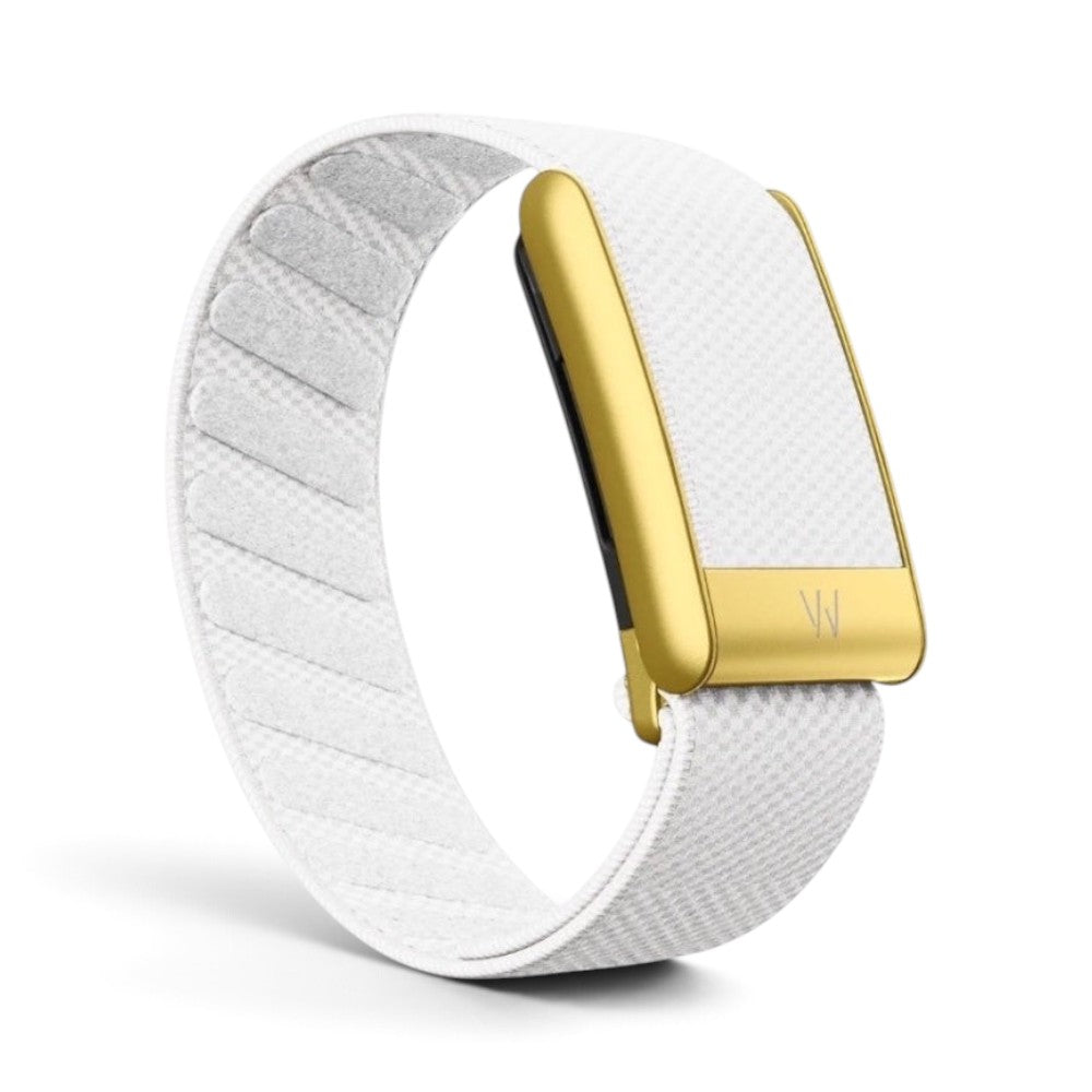 Azura Pure White fitness tracker band with a textured white fabric strap and a polished gold metal clasp