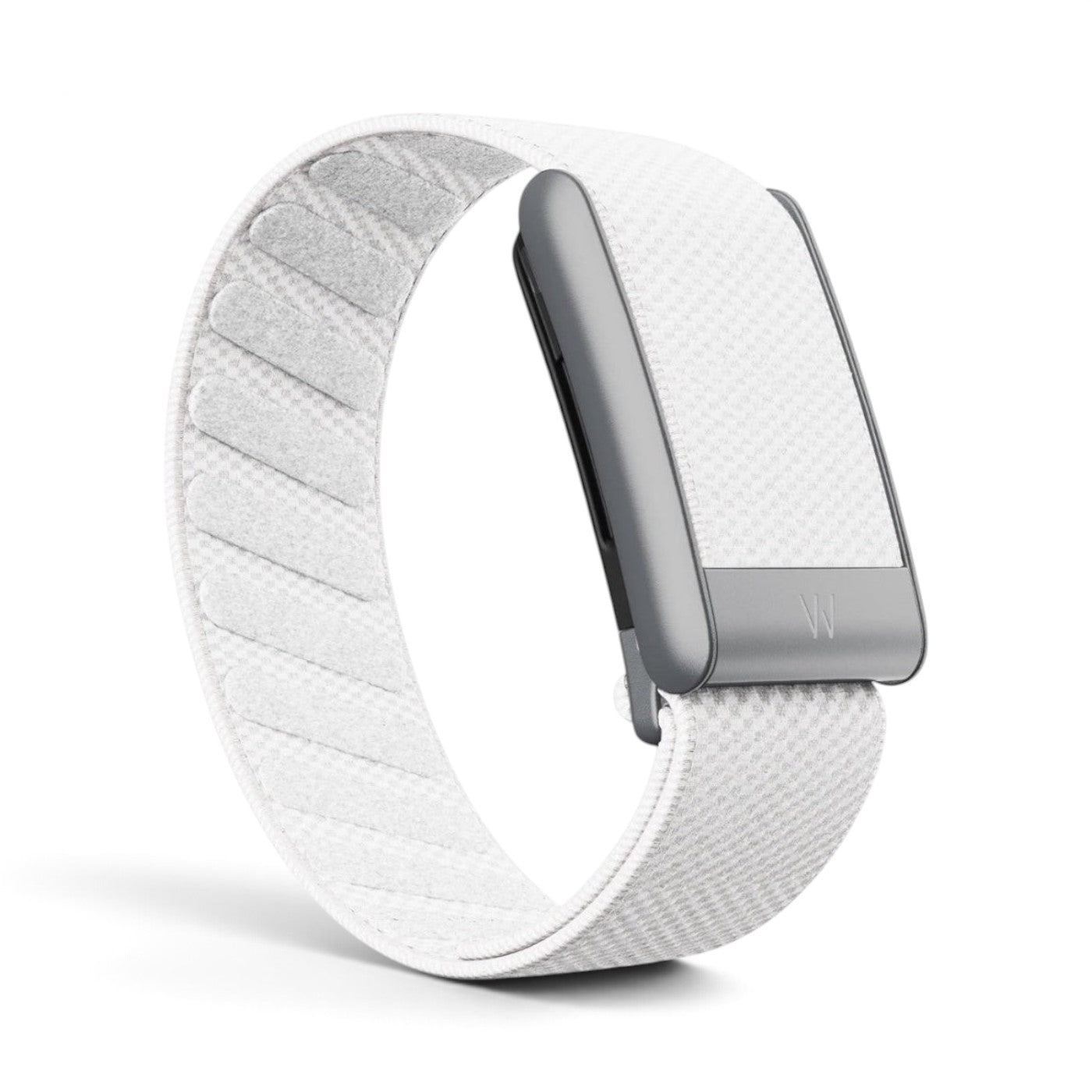 Azura Pure White fitness tracker with a textured white fabric band and a sleek grey metallic casing
