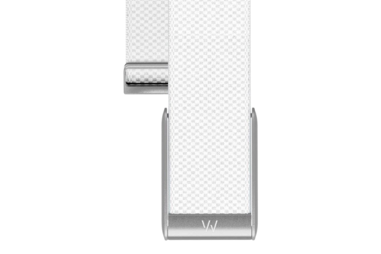 Azura Pure White belt featuring a textured fabric strap and a sleek silver metal buckle with a minimalist logo