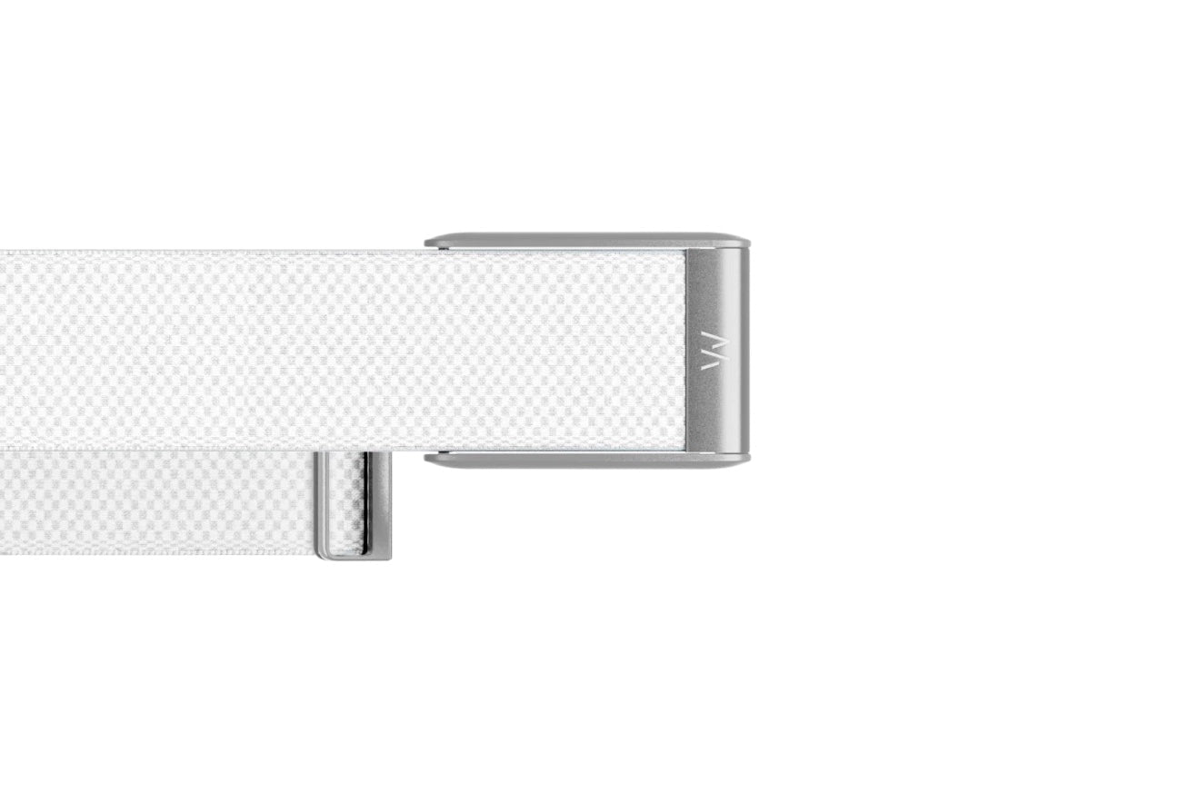 Azura Pure White belt featuring a textured white fabric strap and a sleek metallic buckle with a minimalist logo