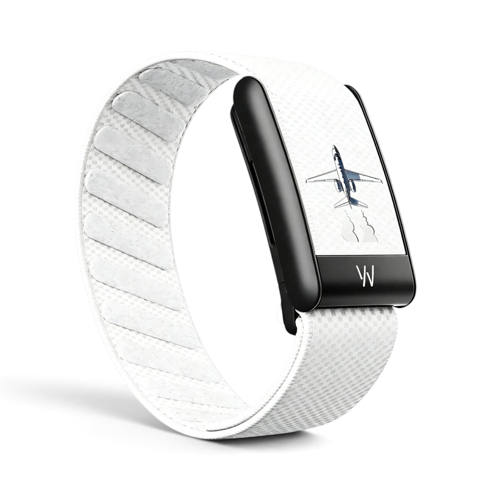 Azura fitness tracker with a white textured band and a black display showing an airplane icon on a white background