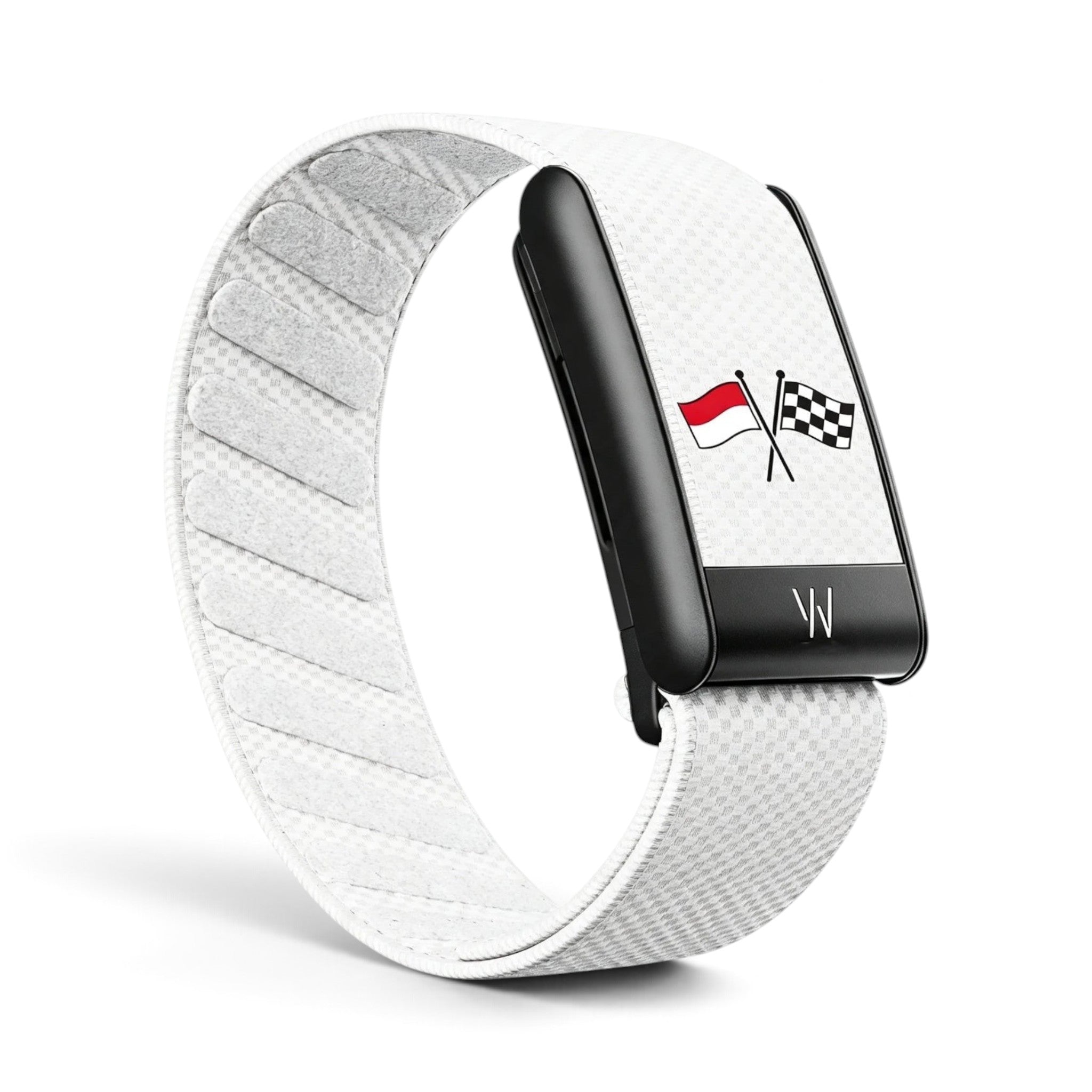 Azura fitness tracker with a white textured fabric band and a black display showing crossed racing flags