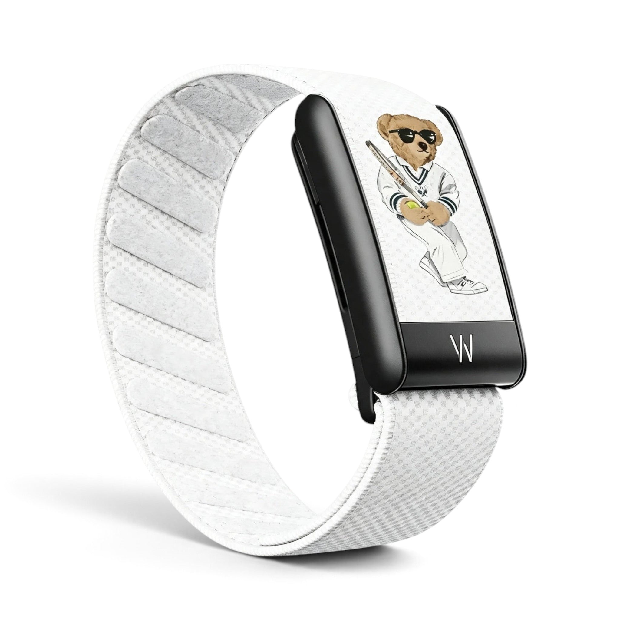 Azura fitness tracker with a white woven band and a digital display featuring a tennis-playing bear graphic
